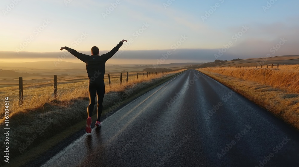 Runner Stretches on Empty Rural Road During Peaceful Early Morning Light