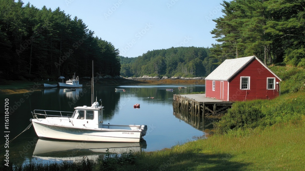 Calm coastal scene with a red boathouse, small fishing boat, and tranquil water. Calm coastal scene with a red boathouse, small fishing boat, and tranquil water.