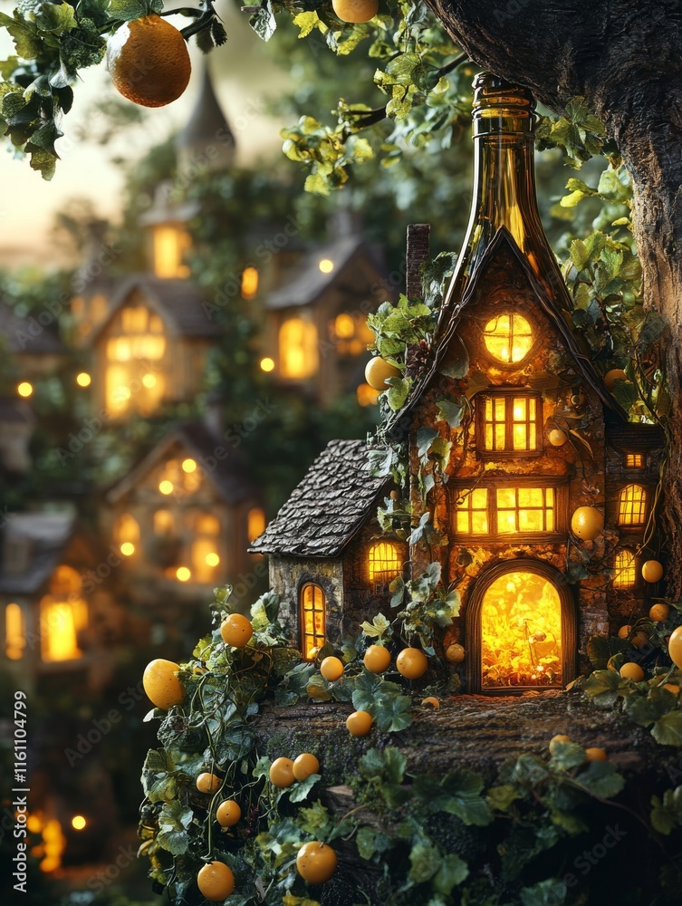 A whimsical treehouse made from a bottle, surrounded by glowing lights and oranges.