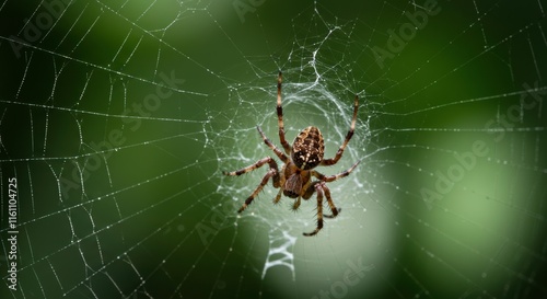 Spider Web Masterpiece: A delicate and intricate spider web, spun with meticulous precision by a solitary spider, hangs suspended in a lush green forest. The web shimmers with dew drops.