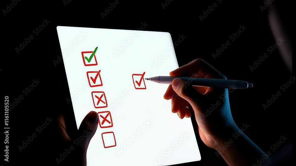 A silhouetted hand marking a checklist on a glowing tablet.
