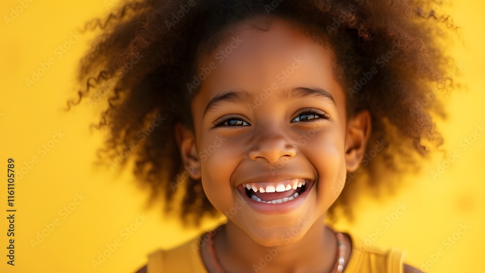 Joyful African American Girl Smiling Brightly Against Yellow Background - Portrait of Happy Child Radiating Optimism and Warmth Joyful African American Girl Smiling Brightly Against Yellow Background - Portrait of Happy Child Radiating Optimism and Warmth