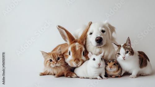 A group of cute pets, rabbit, hamster, dog, cat, all together, on white background.