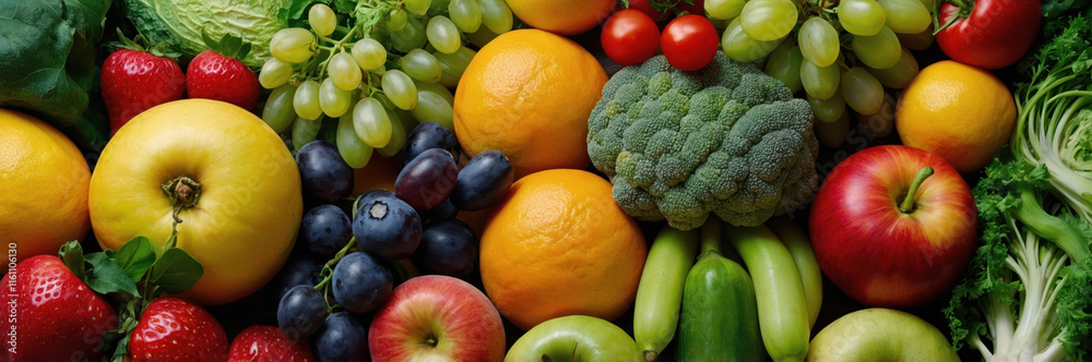 Fresh fruits and vegetables arranged in colorful display Fresh fruits and vegetables arranged in colorful display