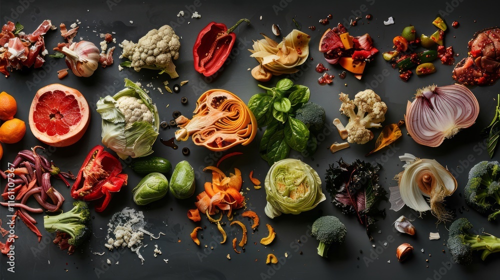 A garbage bin filled with various food waste items, including vegetables, fruits, and other discarded food products A garbage bin filled with various food waste items, including vegetables, fruits, and other discarded food products