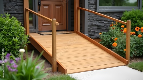 Accessible Wooden Ramp to Modern Home Entrance, Wheelchair-Friendly Design with Handrail and Lush Garden