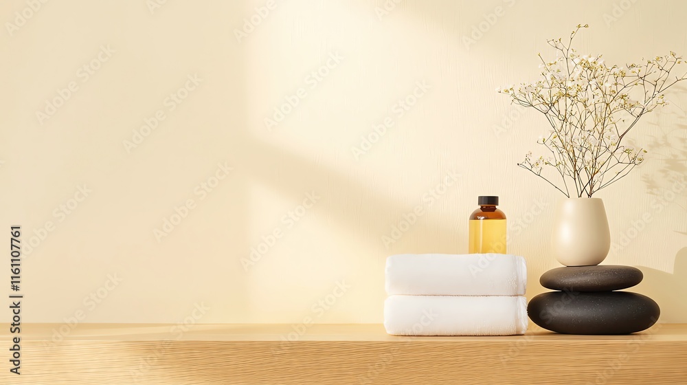 Relaxing spa setting with towels and essentials. Relaxing spa setting with towels and essentials.