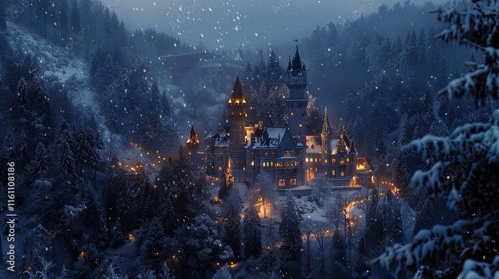Naklejka premium Castle in the snowy Mountains at night