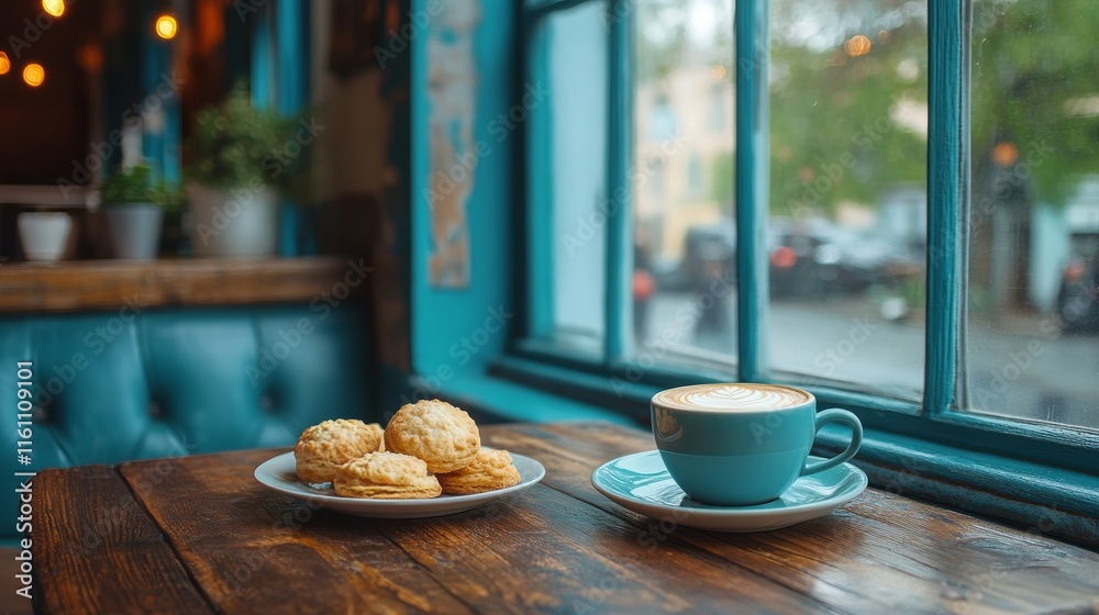 Cozy cafe setting with a cup of coffee and cookies on a wooden table by the window Cozy cafe setting with a cup of coffee and cookies on a wooden table by the window