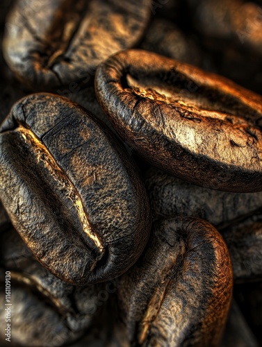 Roasted Coffee Beans Close Up - Rich, dark, aromatic coffee beans, texture, detail, warmth, energy. photo