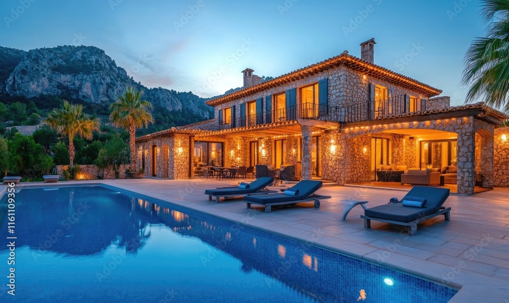 A stunning villa with stone walls, large windows overlooking the mountains and palm trees, an outdoor pool A stunning villa with stone walls, large windows overlooking the mountains and palm trees, an outdoor pool
