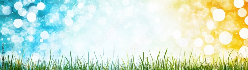 Fototapeta premium Vibrant Abstract Background Featuring Soft Bokeh Lights on a Gradient from Blue to Yellow with Fresh Green Grass at the Bottom Edge for Creative Designs and Projects