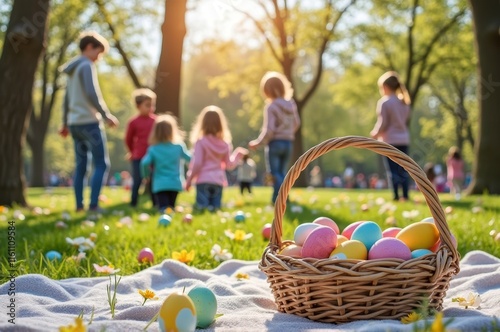 Colorful easter egg hunt in sunlit park with families and children