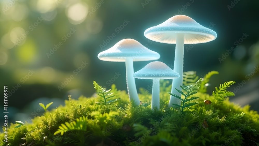 Ethereal Glowing Mushrooms, 3D Holographic Hydrogen Molecule Depiction in Lush Green Moss, Sustainable Energy Concept Ethereal Glowing Mushrooms, 3D Holographic Hydrogen Molecule Depiction in Lush Green Moss, Sustainable Energy Concept
