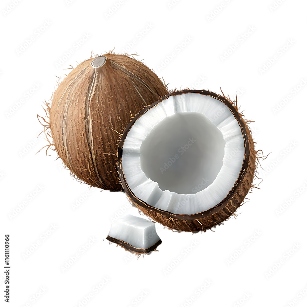 Fototapeta premium Coconut half-sliced and broken coconut on a transparent background.