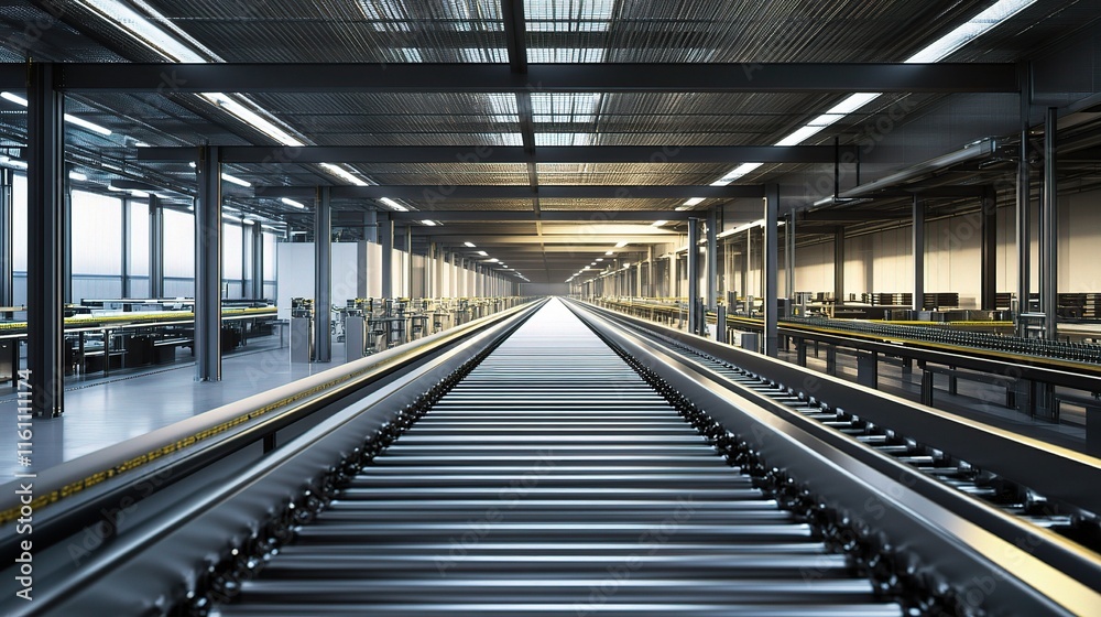 Fototapeta premium Close-Up View of an Empty Mass Production Assembly Line in Factory