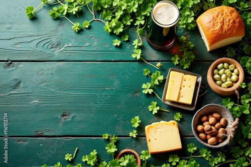 Rustic irish cuisine spread with beer, cheese, and bread on clover-adorned table photo