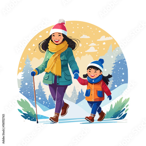 an illustration of a mom with her kid walking during winter