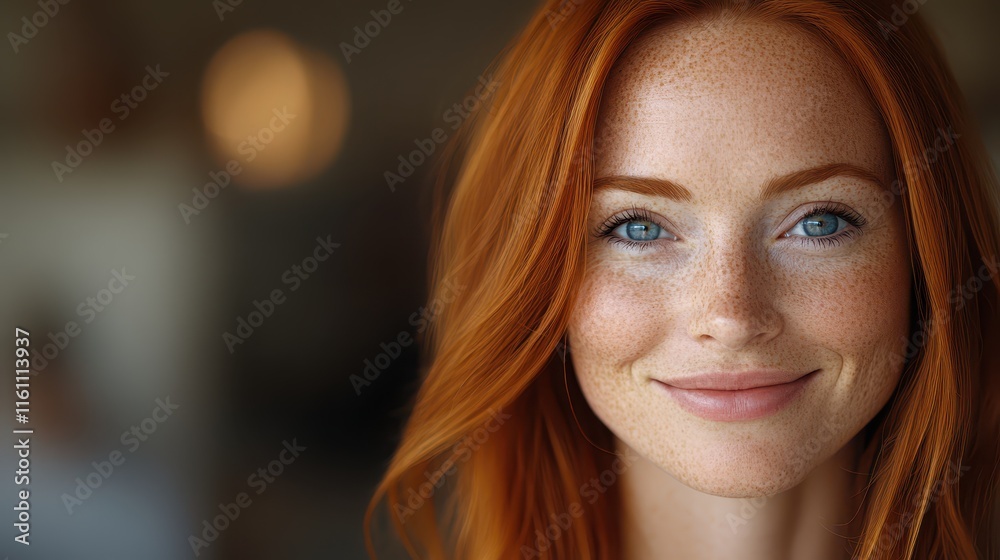 Woman with red hair and blue eyes smiles warmly in a bright indoor setting Woman with red hair and blue eyes smiles warmly in a bright indoor setting