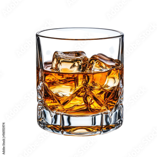 A glass of whiskey with ice cubes, showcasing rich amber color and intricate reflections.