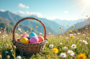 Colorful easter eggs in a basket on a spring mountain meadow