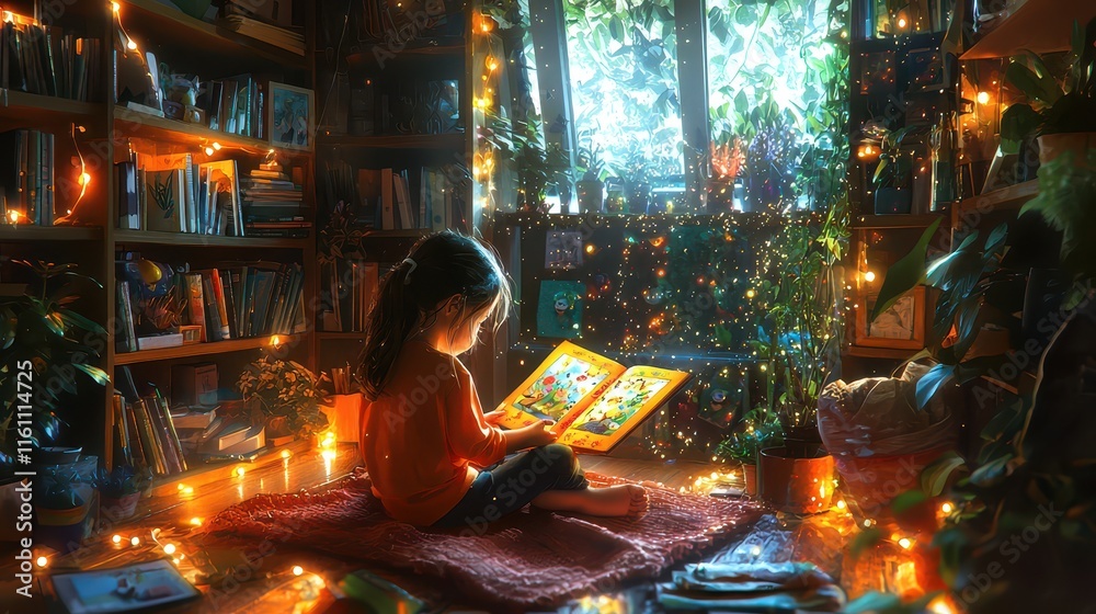 Child enjoying a cozy reading moment with a picture book in a colorful room Child enjoying a cozy reading moment with a picture book in a colorful room