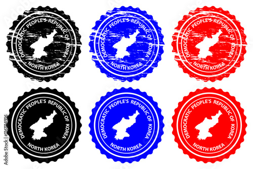 North Korea - rubber stamp - vector, Democratic People's Republic of Korea (DPRK, PRK, DPR Korea, or Korea DPR) map pattern - sticker - black, blue and red