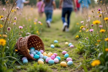 Colorful easter egg hunt in a blooming spring meadow with family fun