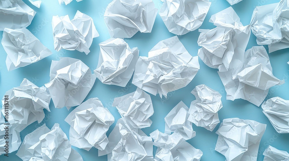 Crumpled paper balls scattered across a light blue background Crumpled paper balls scattered across a light blue background