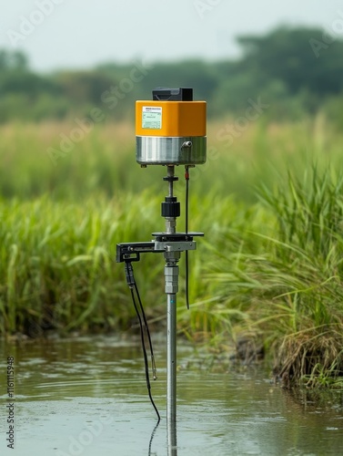 Water Level Monitoring Device in Field - Precise water level measurement, environmental monitoring, agricultural technology, data collection, irrigation management.