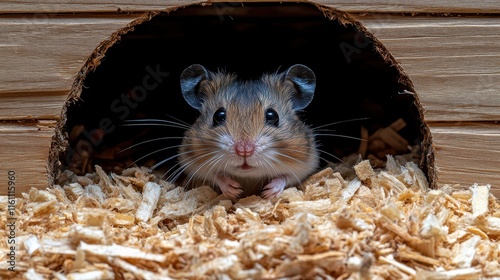 Curious hamster peeking from a wooden tunnel surrounded by soft bedding