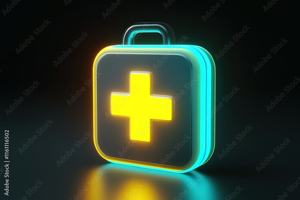 Fototapeta premium Glowing first-aid kit icon. Medical emergency symbol, healthcare concept. Neon light effect.