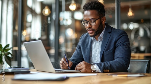 Female entrepreneur working diligently in a modern office setting during the day photo