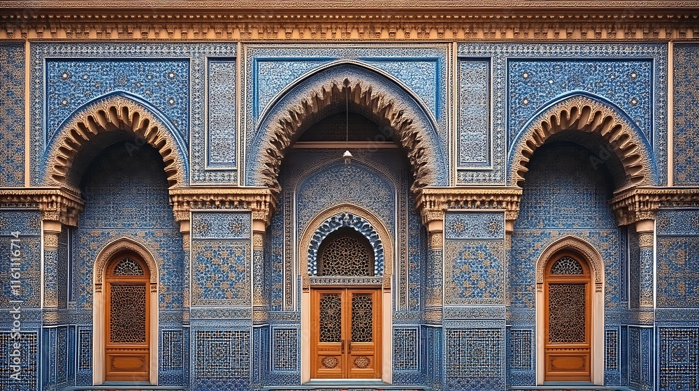 Obraz premium Ornate Blue Mosaic Building Facade With Wooden Doors