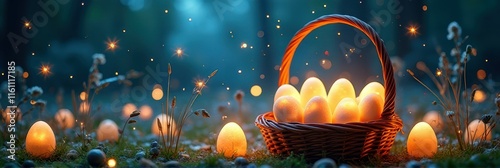 Glowing eggs in basket under starry night in enchanted forest photo