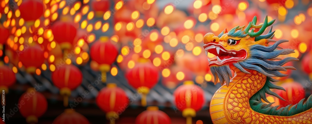 Fototapeta premium Chinese dragon statue celebrating lunar new year with red lanterns and bokeh lights