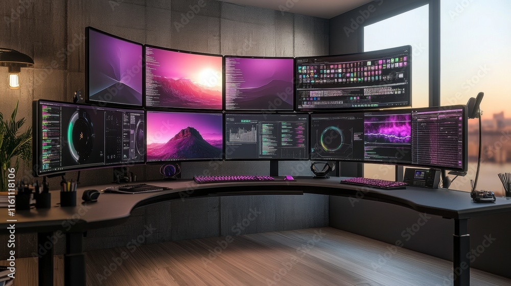 A sleek, modern workspace with multiple curved monitors and holographic interfaces