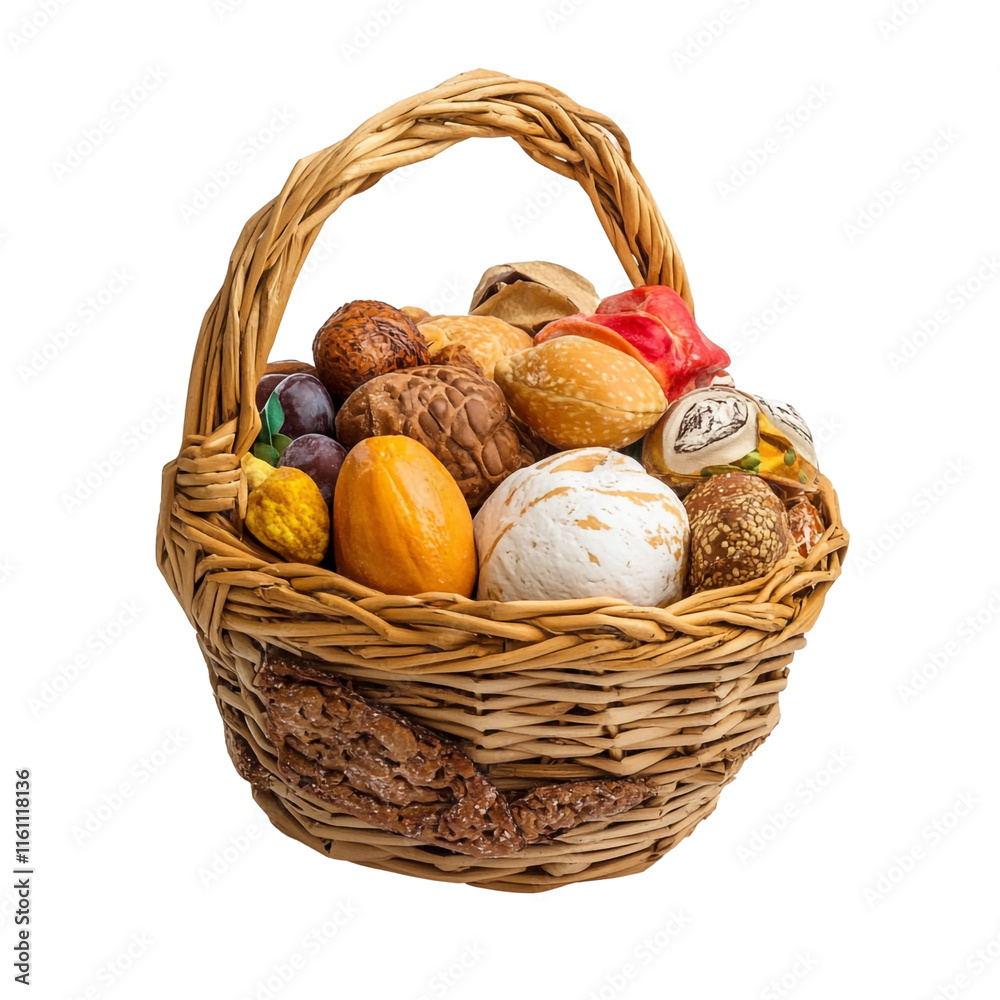 A delightful wicker basket overflowing with a variety of colorful fruits and nuts, creating a visually appealing still life composition. A delightful wicker basket overflowing with a variety of colorful fruits and nuts, creating a visually appealing still life composition.