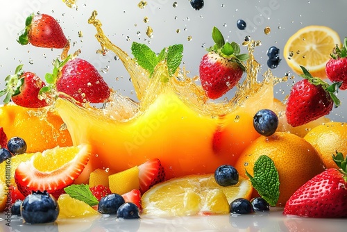 Fresh fruit splash! Juicy strawberries, blueberries, oranges, and lemons burst with flavor. photo