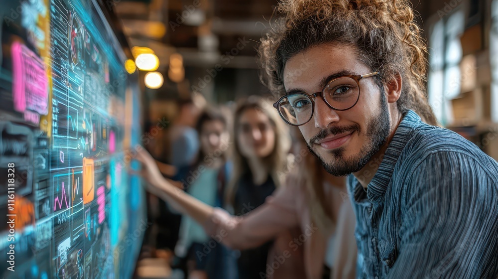 Young professionals engage in collaborative work at a modern office space