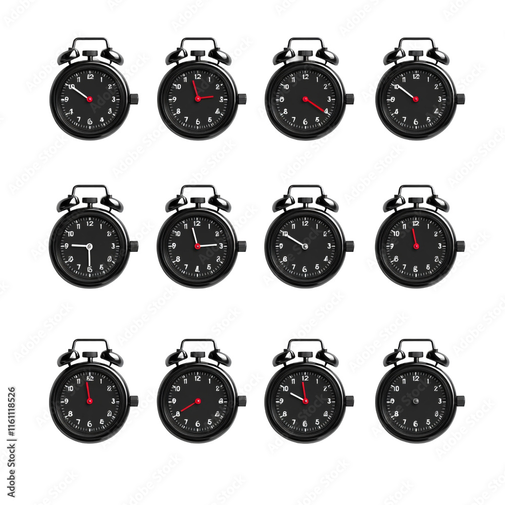 Twelve Black Alarm Clocks Showing Different Times Twelve Black Alarm Clocks Showing Different Times
