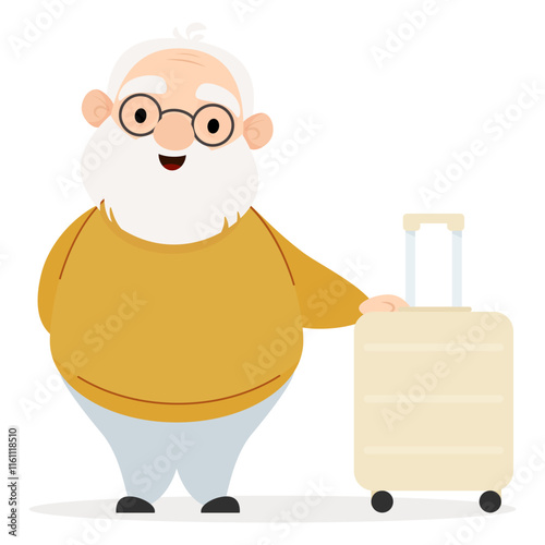 Senior cute cartoon character elderly man with suitcase for travel