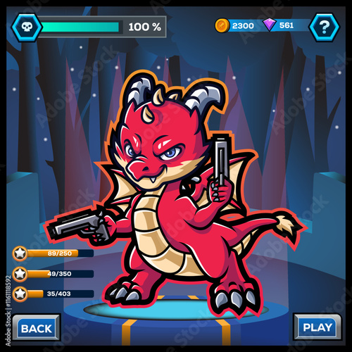 Cute kawaii cartoon red dragon hero game design holding a gun.