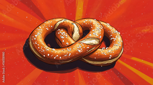 Funny illustration of a pretzel celebrating Pretzel Day in a vibrant setting