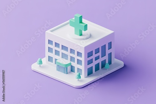 Isometric model of a hospital building with a green cross on the roof.  Simple, clean design. Perfect for healthcare concepts.