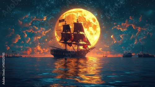 Pirate ship sails under a glowing moon in a vibrant night sky