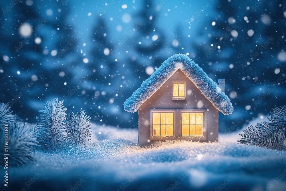 Cozy winter house in snowy forest. Warm lights glow from inside, creating a peaceful scene. Cozy winter house in snowy forest. Warm lights glow from inside, creating a peaceful scene.