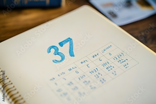 Number 37 hand-written on a calendar page, next to a table of numerical data. photo