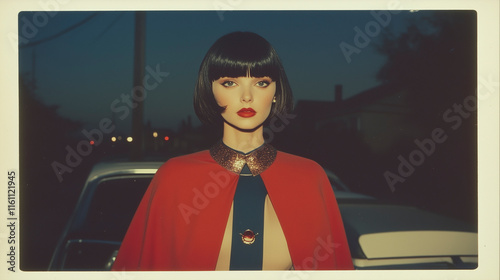 A brunette short hair female sci-fi adventurer in a bold, colorful retro costume with metallic accents. 1980 polaroid photo style. 
