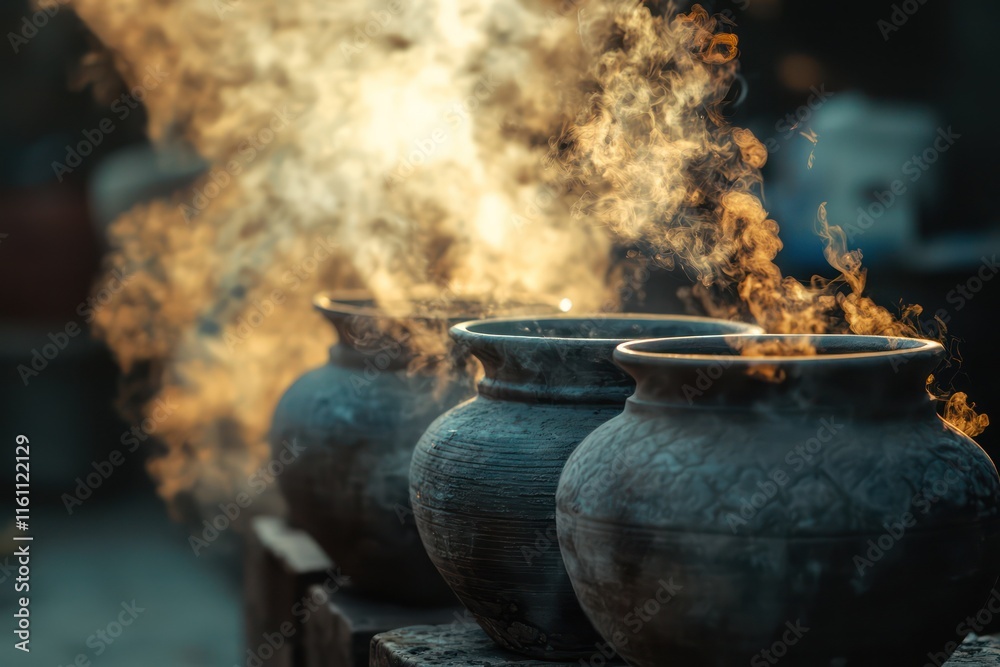 Steam rises from freshly made pottery, cooling in the crisp evening air, creating a mood. Steam rises from freshly made pottery, cooling in the crisp evening air, creating a mood.
